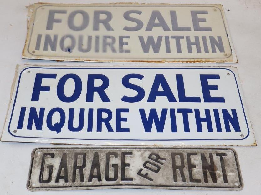 Group of 4 Embossed For Sale, Inquire Within, And Garage For Rent Signs: largest is 7" x 15"