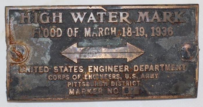 Brass United States Corps Of Engineers US Army High Water Mark Flood Of March 1936 Brass Plaque (1 of 2)