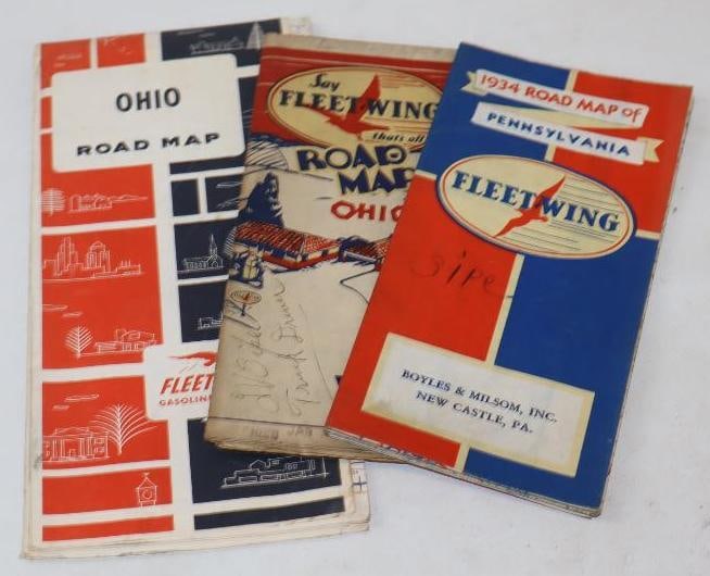 Group of 3 1930's and 1950's Different Fleet-Wing Road Maps: 9" x 4" is the largest