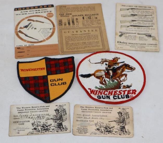 Group of 7 Winchester Patches, 1930's Hunting Licenses, Daisy BB Gun Manuals And Sears Gun: largest is 5" x 5"