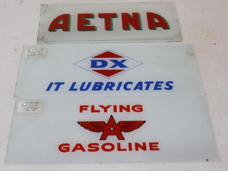 Group of 3 DX, Flying A And Aetna Gas Pump Ad Glass: DX and Flying A 12.25" x 5" Aetna is 11" x 4.75"