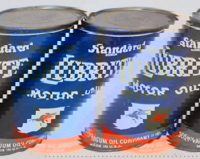 Group of 2 Socony-Vacuum Standard Lubrite Metal 1 Quart Oil Cans: 4" x 4" x 5.50" each both are missing bottom lids