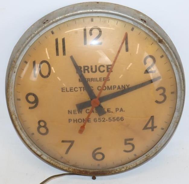 Bruce Merrilbes Electric Company Advertising Clock: 14" x 14" x 3" untested