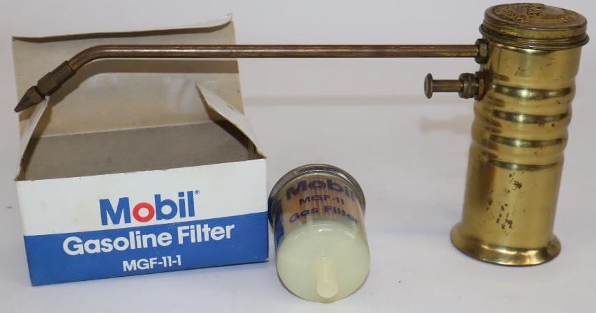 Group of 2 Mobil Gasoline Filter in Original Box and Brass Eagle Number 66 Oiler Can (1 of 3)