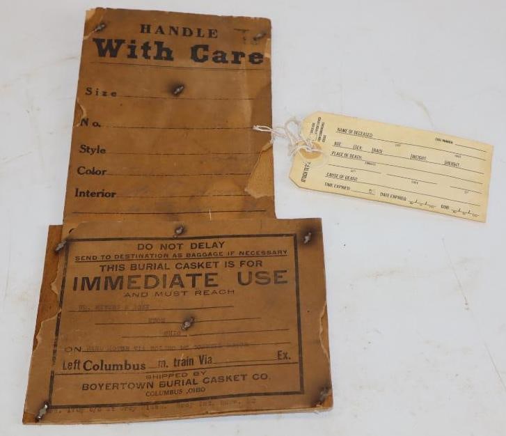Group of 2 Unused Deceased Body Toe Tag and Burial Casket Shipping Label From Boyertown Casket (1 of 2)