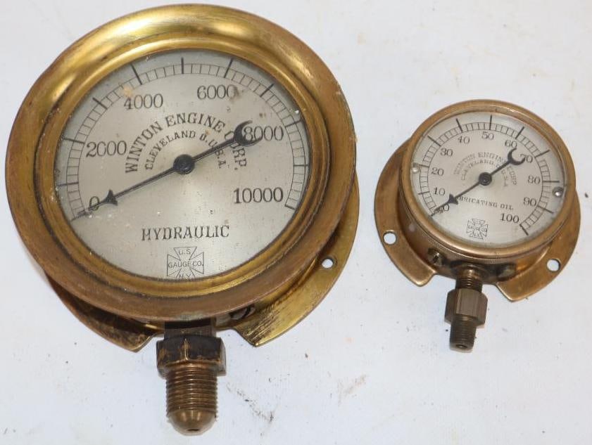 Group of 2 Winton Engine Corp Brass Hydraulic And Lubricating  Oil Gauges (1 of 3)