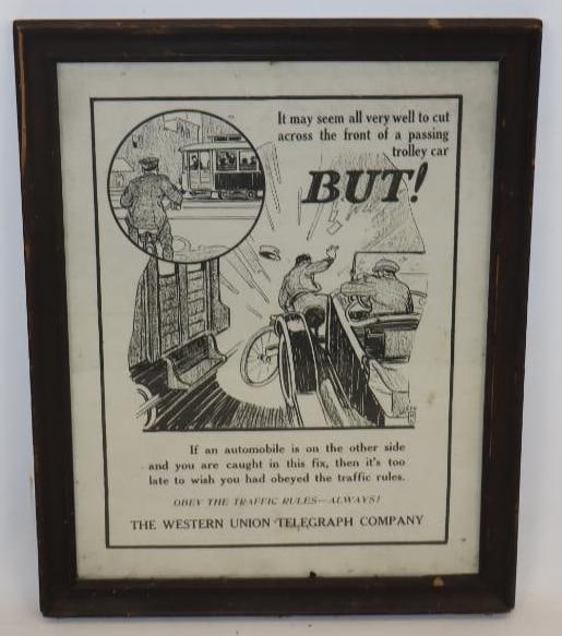 Western Union Telegraph Company Framed Obey The Traffic Rules Advertisement: 112.50" x 15" x 1"