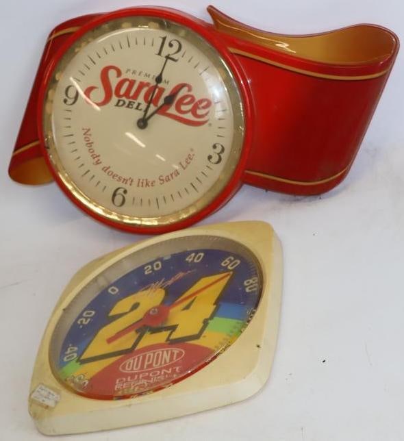 Group of 2 Sara Lee Deli Meat And Dupont Racing Number 24 Advertising Wall Clocks: both untested largest is 18" x 12" x 2"