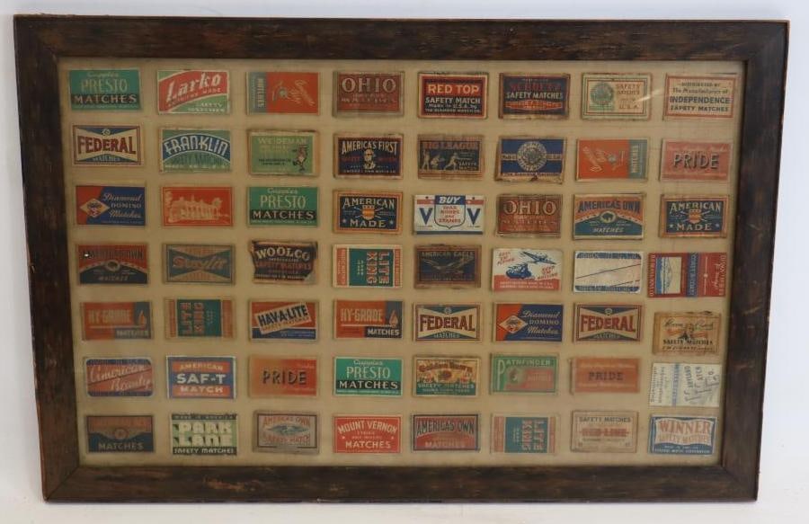 Group of 35 Framed Advertising Match Books: 24" x 16" x 1"