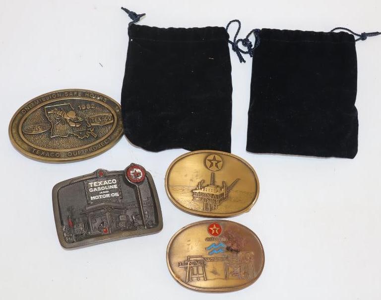 Group of 4 Texaco Advertising Belt Buckles: Largest is 4" x 3"