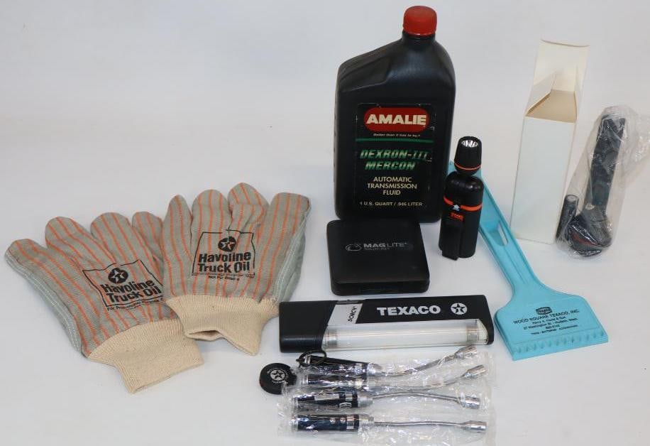 Group of 12 Texaco Advertising Flashlights, Ice Scraper, Gloves, and Keychain: Largest is 9" x 5"