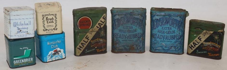 Group of 8 Tobacco Advertising Tins: largest is 4" x 3" x 1"