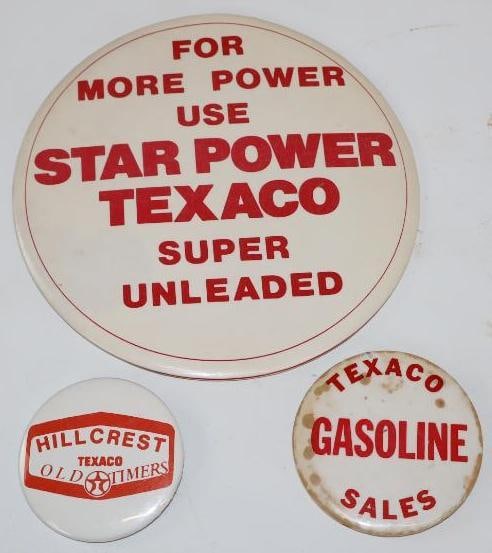 Group of 3 Texaco Gasoline Pin Back Badges: Largest is 6" x 6"