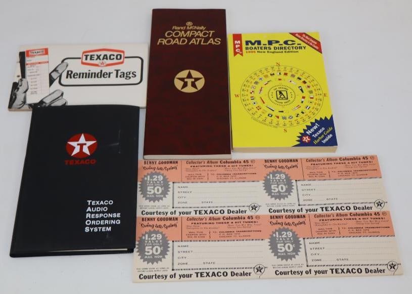 Group of 5 Texaco Advertising Road Atlas, Oil Change Reminder Tags, Boaters Marine Directory, Audio: Largest is 12" x 6.5"