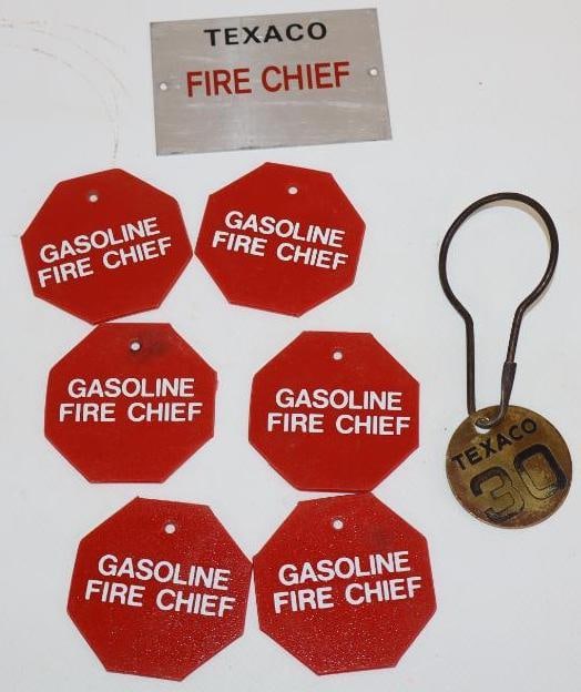 Group of 8 Texaco Fire Chief Brass, Aluminum, and Plastic Identification Tags (1 of 2)