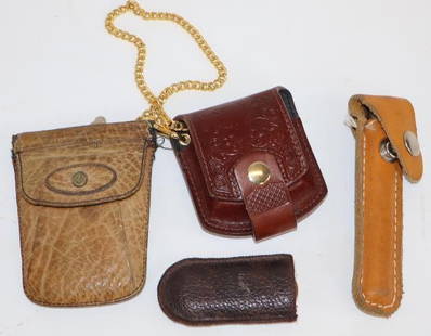 Group of 4 Bald Eagle Pocket Watch, Clickwheel Measuring Tape, Easylap Diamond Sharpener, and: All pieces have leather cases. Largest is 5" x 1.25" x 1"