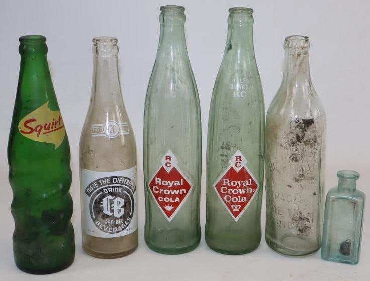 Group of 6 Squirt, RC, See-Bee, Clickquot Club, and Damschinsky Pop and Hair Dye Bottles: Largest is 10.5" x 2.5" x 2.5"