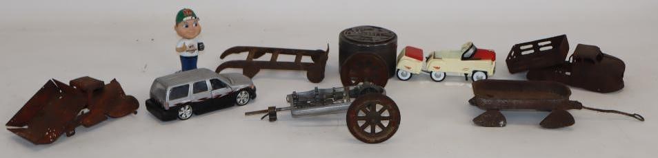 Group of 10 Metal Toy Trucks, Cars, and Plane Canister: Largest is 6" x 7" x 2.5"