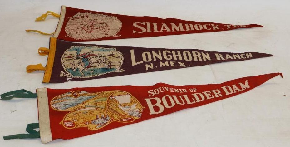 Group of 3 Shamrock TEX, Long Horn Ranch N. Mex. And Bolder Dam Felt Advertising Pennants: 25" x 8" each