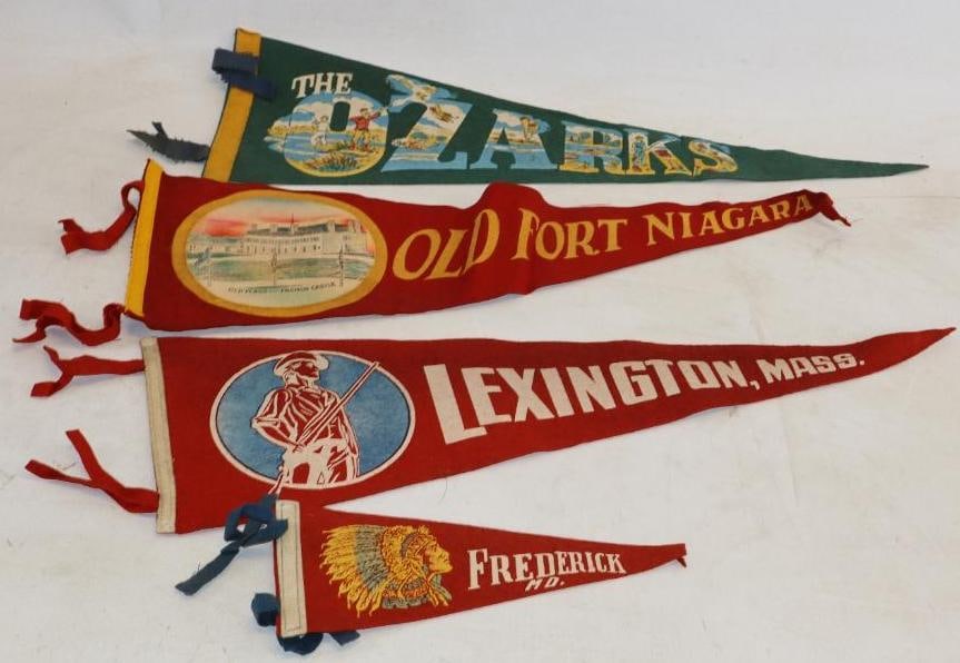 Group of 4 Frederick Maryland, Old Fort Niagara, Lexington Mass., And The Ozarks Felt Advertising: largest is 8" x 25.50"