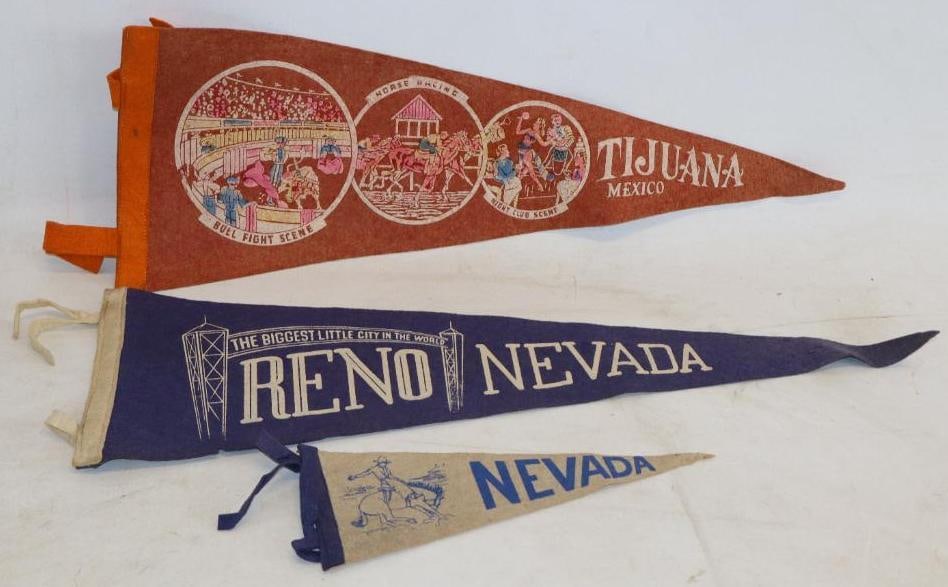 Group of 3 Tijuana Mexico, Reno And Nevada Felt Advertising Pennants: 8.50" x 27" is the largest