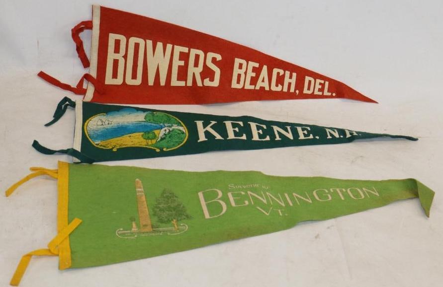 Group of 3 Bennington Vt. , Keene NH And Bowers Beach Del. Felt Advertising Pennants (1 of 2)