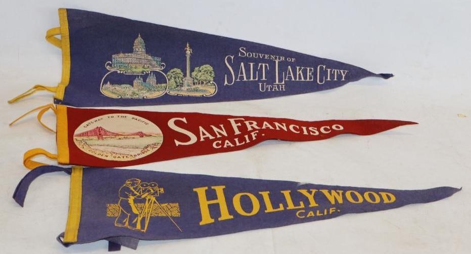 Group of 3 Salt Lake City, San Francisco And Hollywood Advertising Felt Pennants: largest is 10" x 27"