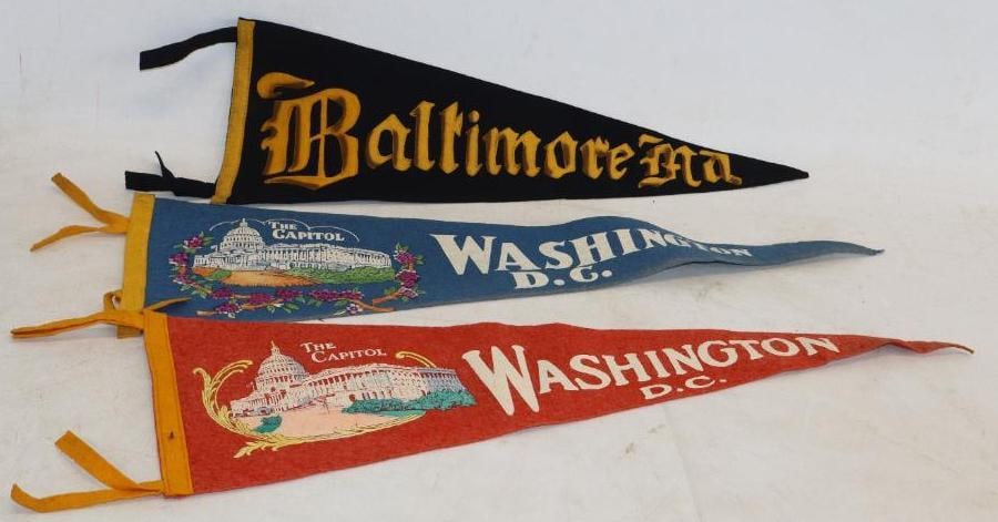 Group of 3 Baltimore And Washington DC Advertising Felt Pennants: largest is 8" x 26"