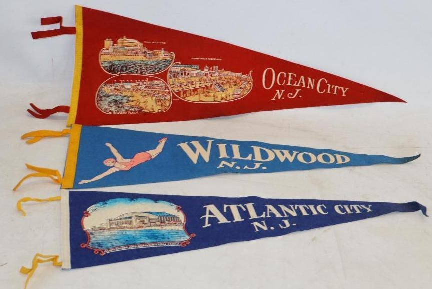 Group of 3 Ocean City, Wildwood And Atlantic City NJ Advertising Felt Pennants: 10.50" x 28" is the largest