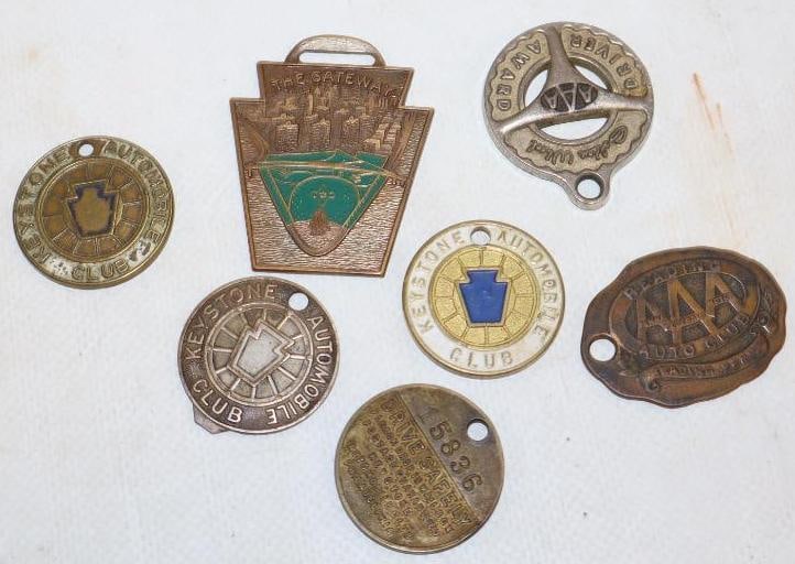 Group of 7 AAA, Keystone Automobile Club And Gateway Turnpike Keychain Tags And Watch Fob: largest is 1.50" x 1.75"