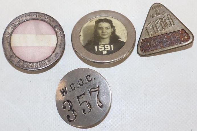 Group of 4 EF, GMC, WCOC And Nash-Kelvinator Employee Pin Back Badges: largest is 1.50" x 1.50"