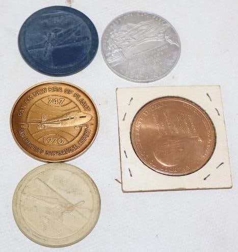 Group of 5 San Bernadino Airport, Kitty Hawk And Airplane Advertising Tokens: largest is 1.50" x 1.50"