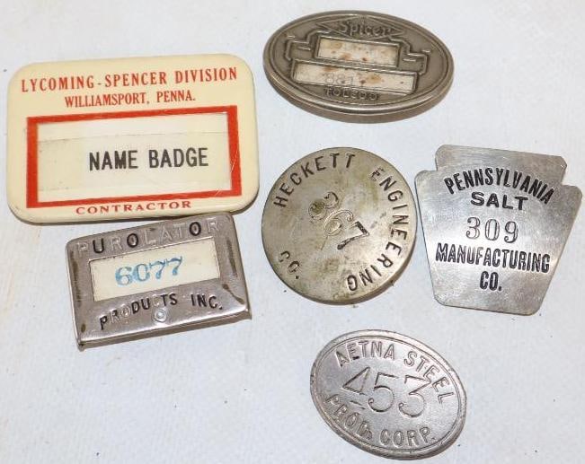 Group of 6 Spenser, Spicer, Pennsylvania Salt, Purolator, Hackett And Aetna Steel Pin Back Badges: largest is 2.25" x 1.50"