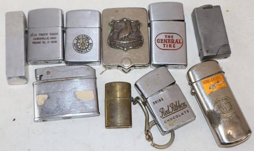 Group of 10 Zippo Style Advertising Lighters: largest is 2" x 1.50"