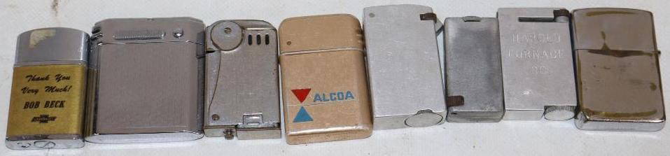 Group of 8 Zippo And Zippo Style Advertising Lighters: largest is 2" x 2.25"