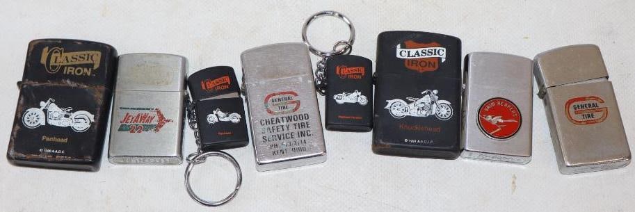 Group of 8 Zippo Style Advertising Lighters: largest is 1.50" x 2.50"