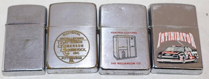 Group of 4 Zippo Advertising Lighters: largest is 1.50" x 2.25" small one has no insert
