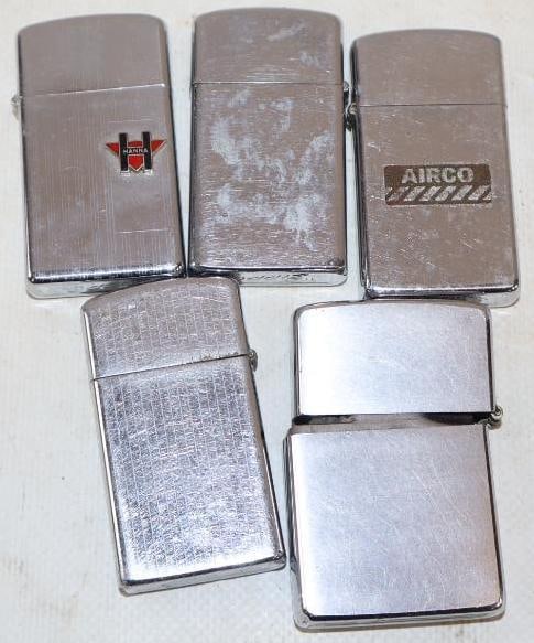 Group of 5 Zippo Advertising Lighters: largest is 1.25" x 2.25"