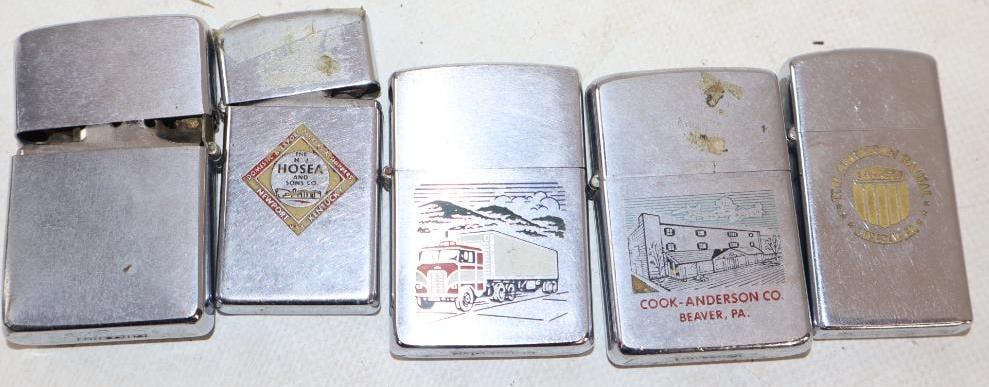 Group of 5 Zippo Advertising Lighters: largest is 1.25" x 2.25"