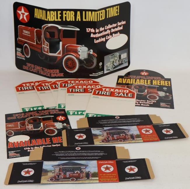 Group of 11 Texaco Advertising Tanker Bank Truck and 1972 Texaco Firestone Tire Sale Tags: Largest is 14" x 9"