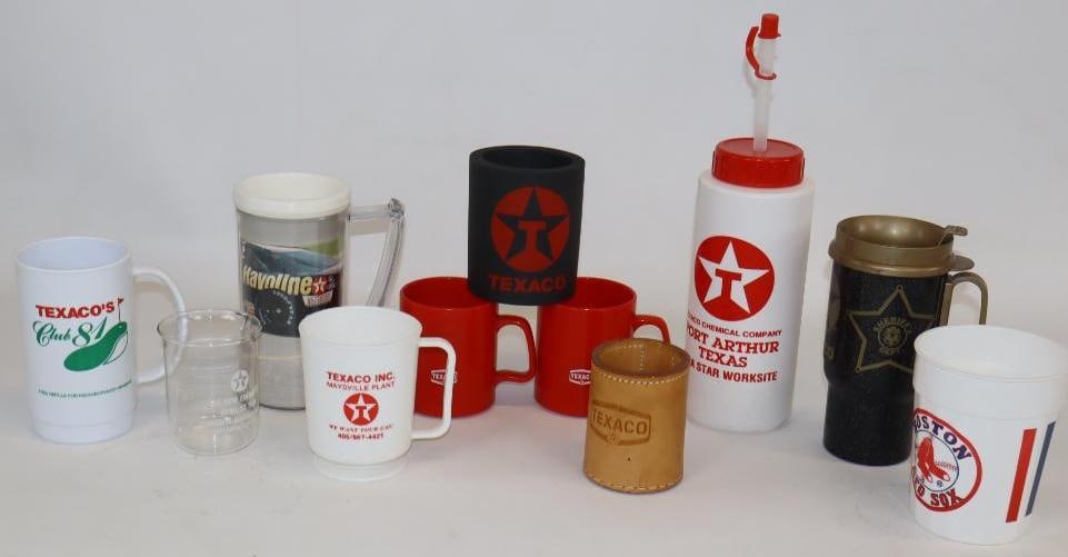 Group of 11 Texaco Advertising Cups, Koozies, and Beaker: Largest is 12" x 3" x 3"