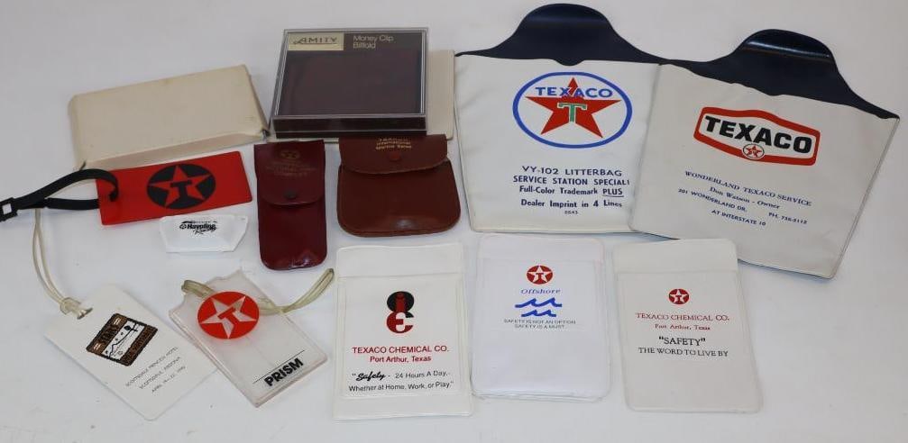 Group of 14 Texaco Advertising Luggage Tags, Manicure Set, Pocket Protectors, Billfold, and Desktop: Calendar and billfold are in original boxes. Largest is 7.5" x 10"