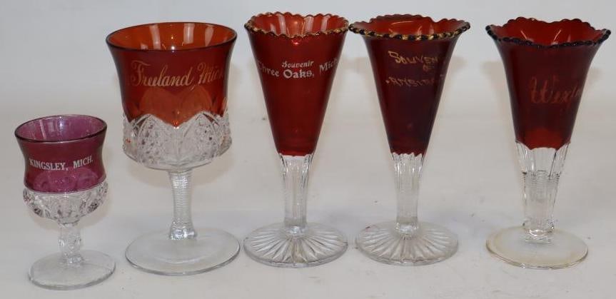 Group of 5 Ruby Red Flash Glass Goblet Souvenirs From Wexford, Three Oaks, Freeland, Kingsley, and (1 of 3)