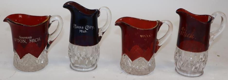Group of 4 Ruby Red Flash Glass Souvenir Pitchers From Afton, Argyle, Mass City, and Ferris Michigan (1 of 3)