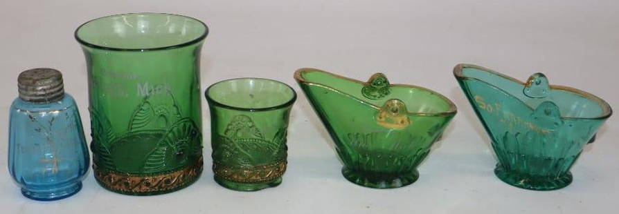 Group of 5 Emerald Green Flash Glass Souvenirs From Jennings, Traverse City, Fife Lake, Mio, and: Largest is 3" x 3" x 3.75"