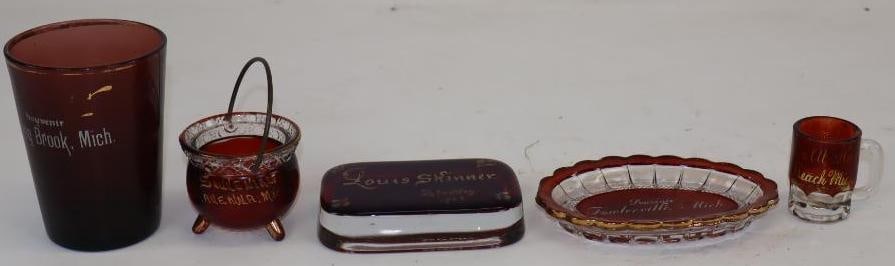 Group of 5 Ruby Red Flash Glass Souvenirs From Roaring Brook, Ou At Ka Beach, Petoskey, (1 of 3)