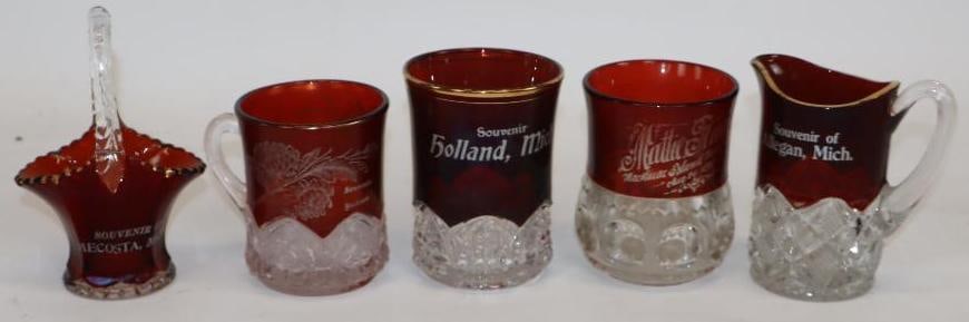 Group of 5 Ruby Red Flash Glass Souvenirs From Mackinac Island, Mecosta, Allegan, Holland, and (1 of 3)
