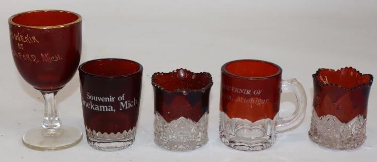 Group of 5 Ruby Red Flash Glass Souvenirs From Pickford, Chapin, Onekama, Manton, and Kalkaska (1 of 3)