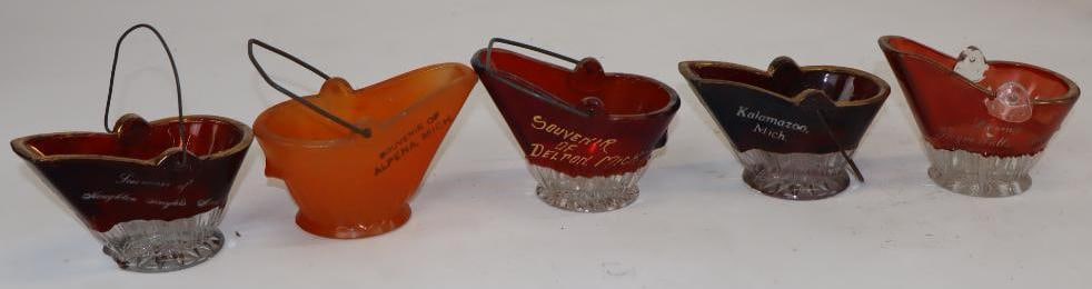 Group of 5 Ruby Red Flash Glass Coal Bucket Souvenirs From Alpena, Delton, Houghton Heights, (1 of 3)