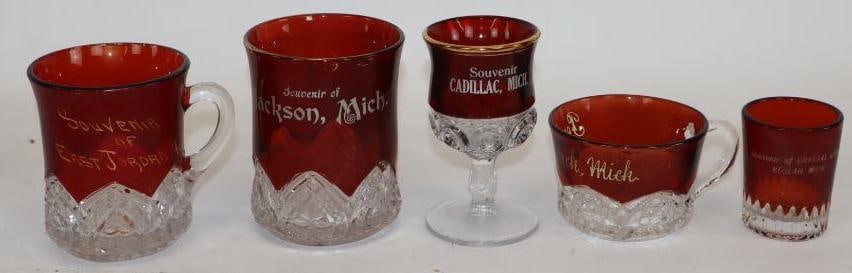 Group of 5 Ruby Red Flash Glass Souvenirs From Jackson, Cadillac, Beulah, East Jordan, and Pearl (1 of 3)